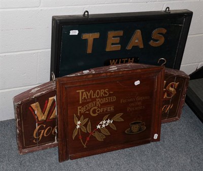 Lot 1130 - ^ Three wooden advertising signs including Taylor's Fresh Ground Coffee