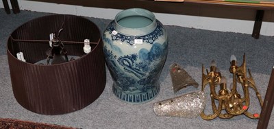 Lot 1158 - A modern Chinese blue and white vase; a modern five branch chandelier; pleated shade; and a pair of
