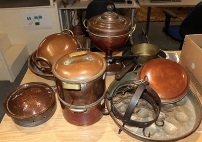 Lot 1162 - ^ A quantity of assorted copper pans; tea urn; bowls etc
