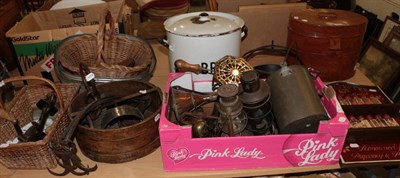 Lot 1163 - ^ An enamel bread bin; a wicker basket; a metal hat box; metal skillets; a Mr Culpepper's spice...