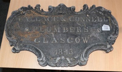 Lot 1169 - ~ A 19th century lead plaque dated 1843, Wallace & Connell Plumbers, Glasgow