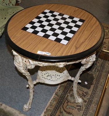 Lot 1192 - A chess top cast metal pub table stamped ''Richard Bell Bingley''