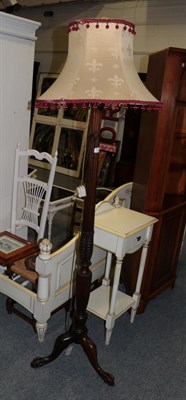 Lot 1226 - Carved mahogany standard lamp; rush seated chair; stool, child's chair, two maple framed...