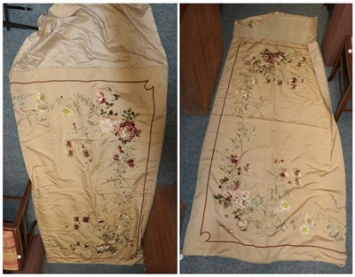 Lot 1250 - Pair of silk embroidered panels/pelmets of floral design, with roses, daisies, chrysanthemums...