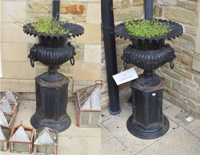 Lot 1295 - ^ A pair of cast iron campana shaped garden urns, with lion mask handles, standing on a plinth...