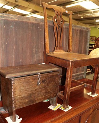 Lot 1344 - A 17th century style small oak box and a country dining chair with boarded seat