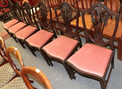 Lot 1370 - A set of six Hepplewhite style dining chairs, circa 1900, with pink drop-in seats