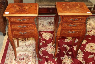 Lot 1389 - ^ A pair of 20th century Louis XV tulipwood three drawer petite commodes, 35cm wide