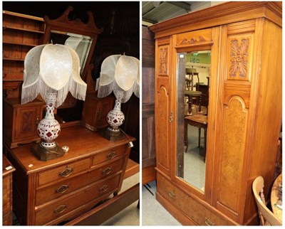 Lot 1416 - ^ A late Victorian satin walnut dressing chest; and a matching mirror door wardrobe (2)