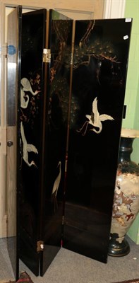 Lot 1421 - ^ A lacquered four leaf dressing screen, both sides decorated with cranes and prunus flowers,...