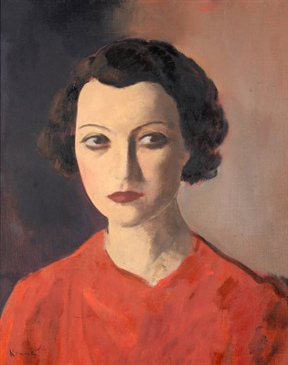 Lot 3127 - Jacob Kramer (1892-1962)  Head and shoulders portrait of a woman wearing a red dress Signed, oil on