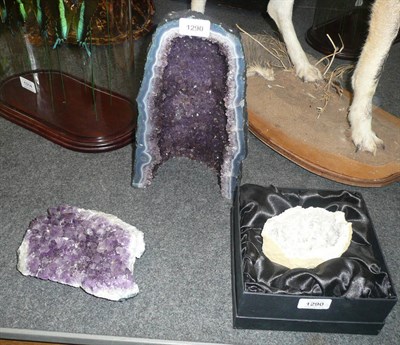 Lot 1290 - An Amethyst Geode, 30.5cm high; An Amethyst Specimen, 19cm wide; and A Quartz Geode, 12.5cm...