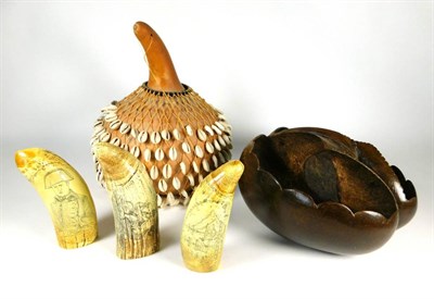 Lot 206 - Collectibles: Coco De Mer Basket, Gourd, Resin Whale Teeth, a group of mixed collectibles including