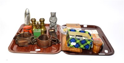 Lot 8 - Two trays of games including nine dominoes, bilboquet, spillikens, two money boxes, cards, shackles