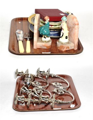 Lot 13 - Cased silver teaspoons; plated fish servers; Worcester and souvenir plates; Victorian dish;...