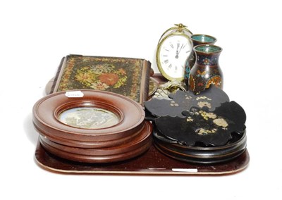 Lot 14 - Oval brass desk timepiece; two framed Shakespeare pot lids; zig-zag corkscrew; two Victorian...