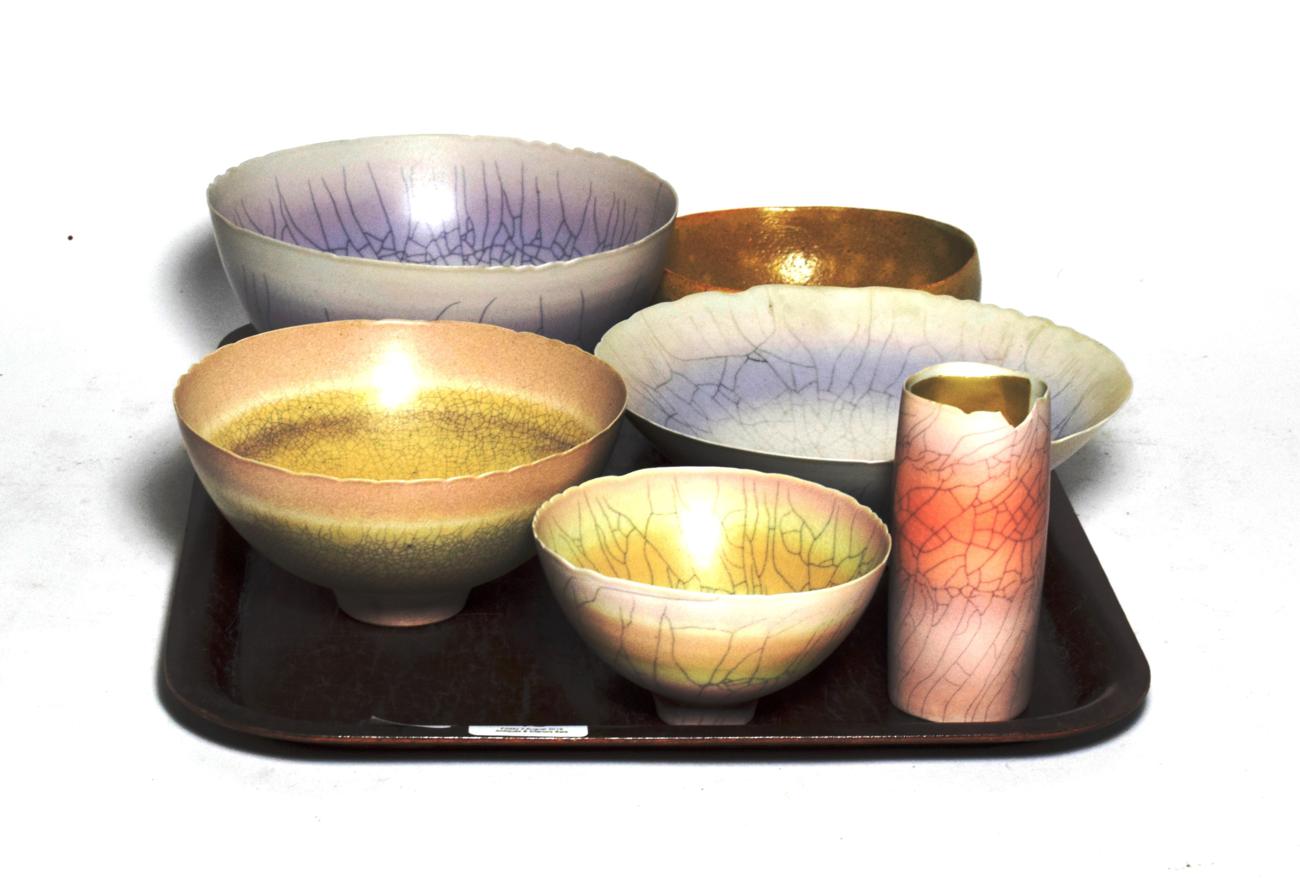 Lot 15 - Studio ceramics comprising: four crackleware porcelain bowls and a vase by David James White...
