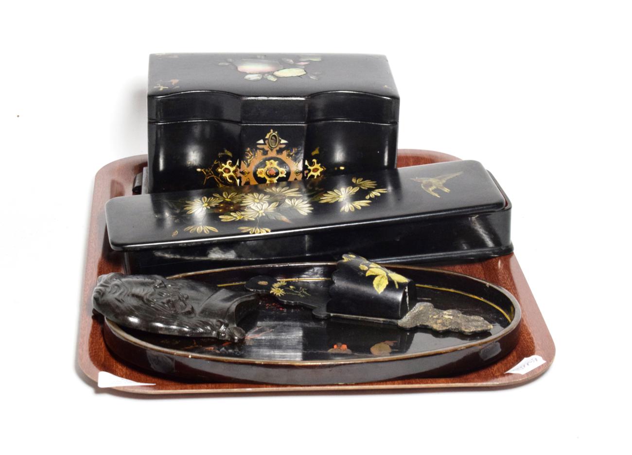 Lot 32 - Victorian papier mache tea caddy, glove box, spill holder, tray, bas relief profile - Mozart