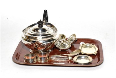 Lot 36 - Silver; teapot Sheffield, 1897, tea strainer, Birmingham, 1938, pair of ashtrays, Birmingham, 1938