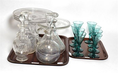 Lot 40 - Two tazzas, a port decanter, three other decanters and a set of eight 19th century green glass...