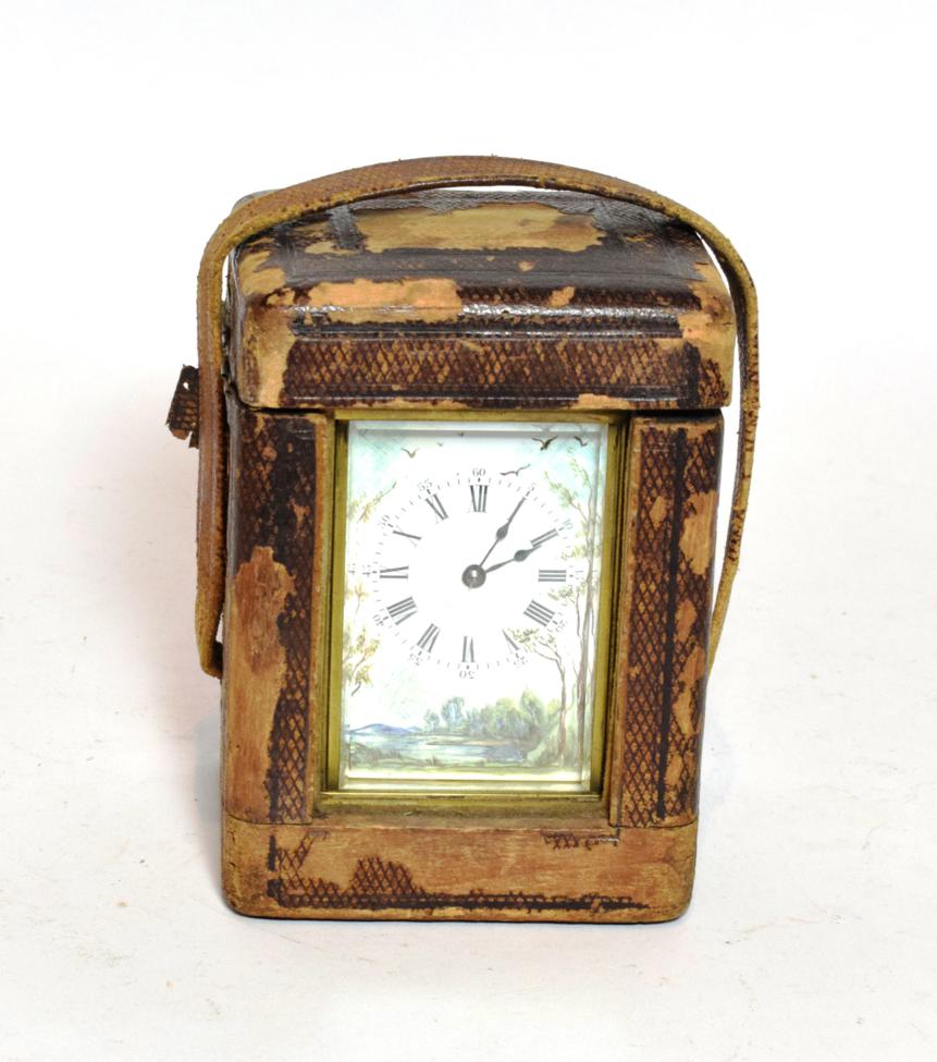 Lot 54 - A brass carriage timepiece with cylinder escapement and painted dial