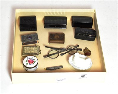 Lot 62 - Collectors items including a pair of 18th century spectacles, five snuff boxes, vesta case,...