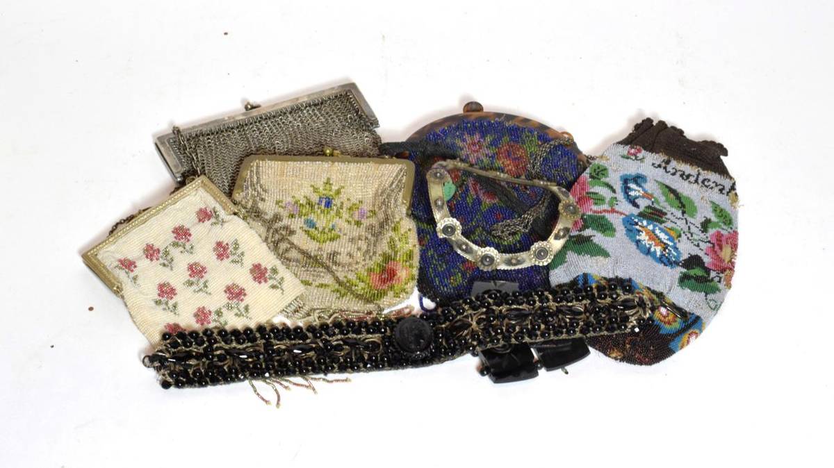 Lot 63 - Four beadwork purses, jet choker and bracelet and a chainwork reticule, mother-of-pearl and...