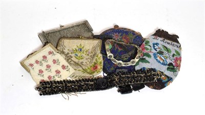 Lot 63 - Four beadwork purses, jet choker and bracelet and a chainwork reticule, mother-of-pearl and...