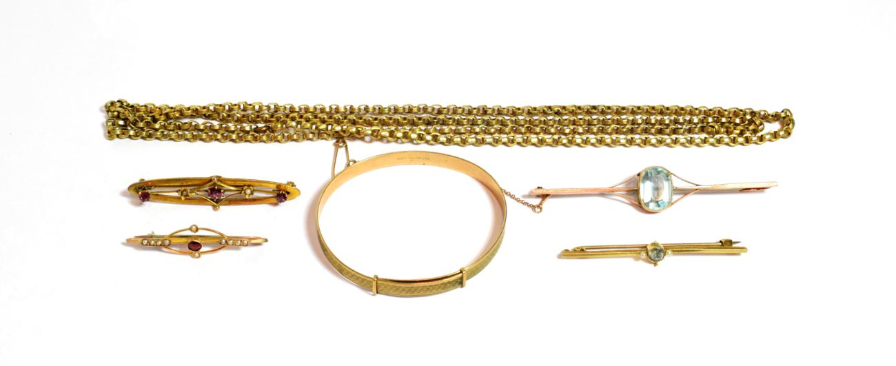 Lot 83 - Four bar brooches, of various designs; a chain, unmarked, length 81cm; and a bangle, stamped...