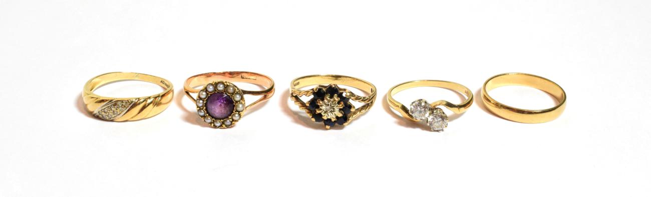 Lot 90 - A 9 carat gold band ring, finger size N1/2; three 9 carat gold gemset rings, various finger...