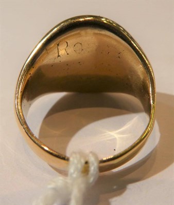 Lot 97 - A signet ring with seal engraved, unmarked, finger size J