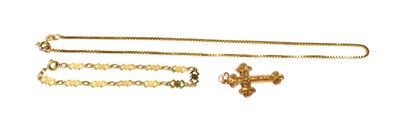 Lot 101 - A 9 carat gold bracelet, length 18cm; a 9 carat gold floral engraved cross pendant, measures...