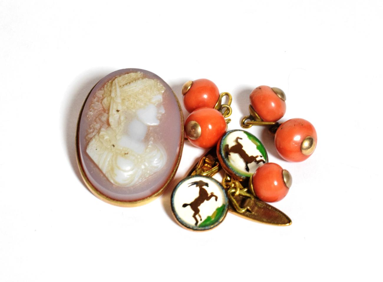 Lot 108 - A cameo brooch; a pair of Essex crystal style cufflinks; and five coral buttons/drops