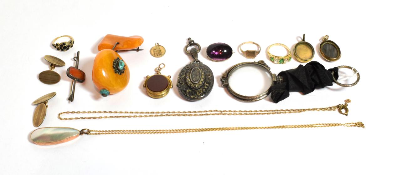 Lot 115 - A miscellaneous collection of jewellery including a Georgian mourning ring, a 9 carat signet...
