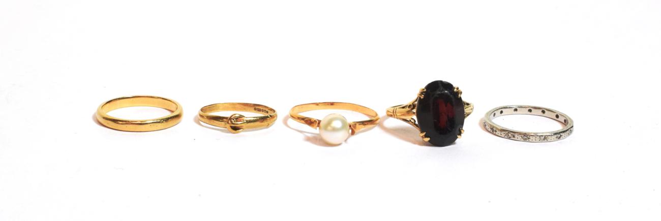 Lot 120 - A garnet ring, stamped '9CT', finger size M; a diamond set band ring, unmarked, finger size M;...