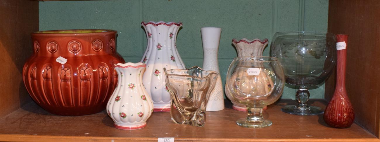 Lot 130 - A Bretby red jardiniere; three Gmunden faience vases; Rosenthal porcelain vase; two large clear...