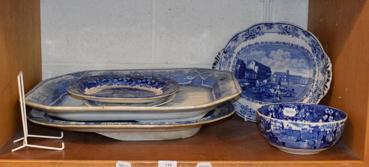 Lot 148 - A large Ironstone blue and white meat plate ''American Marine'' pattern, another, plates and a bowl