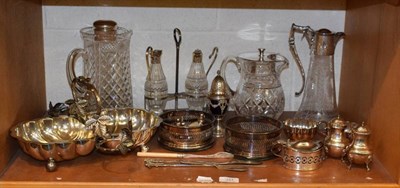 Lot 151 - A small group of silver plated wares including claret jug, bottle coasters, twin bottle cruet,...