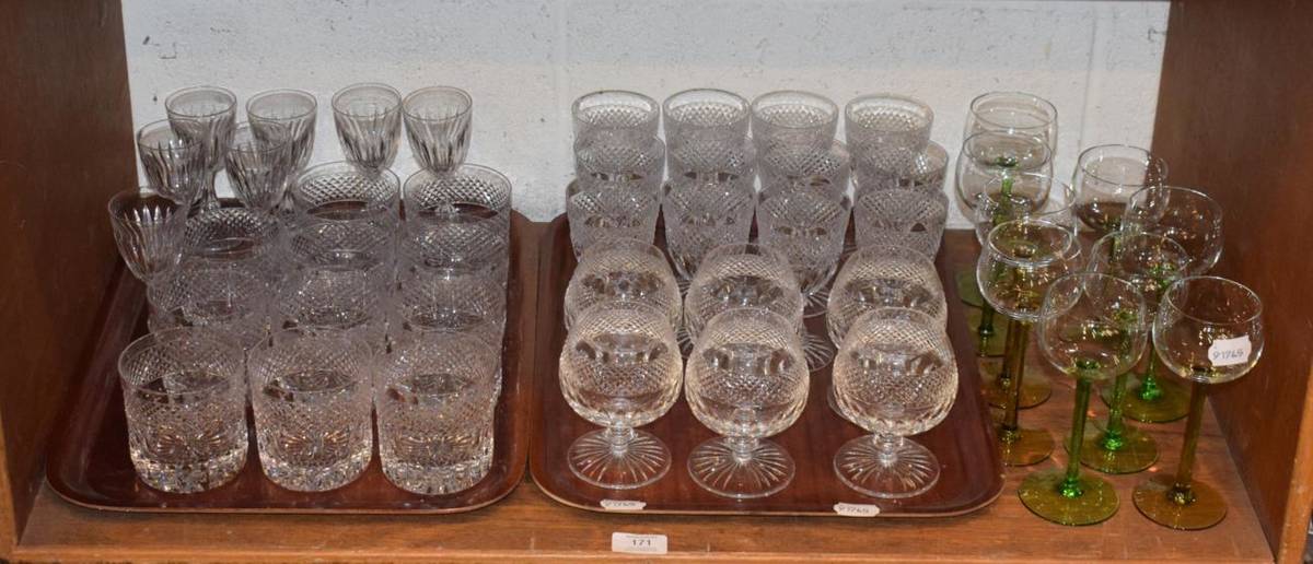 Lot 171 - Drinking glasses comprising twenty-nine cut with diamond; seven sherry glasses on hollow stems...