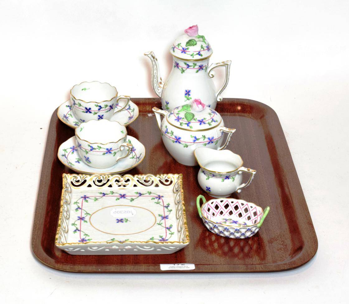 Lot 172 - Herend porcelain teaset for two; matching square dish and basket dish