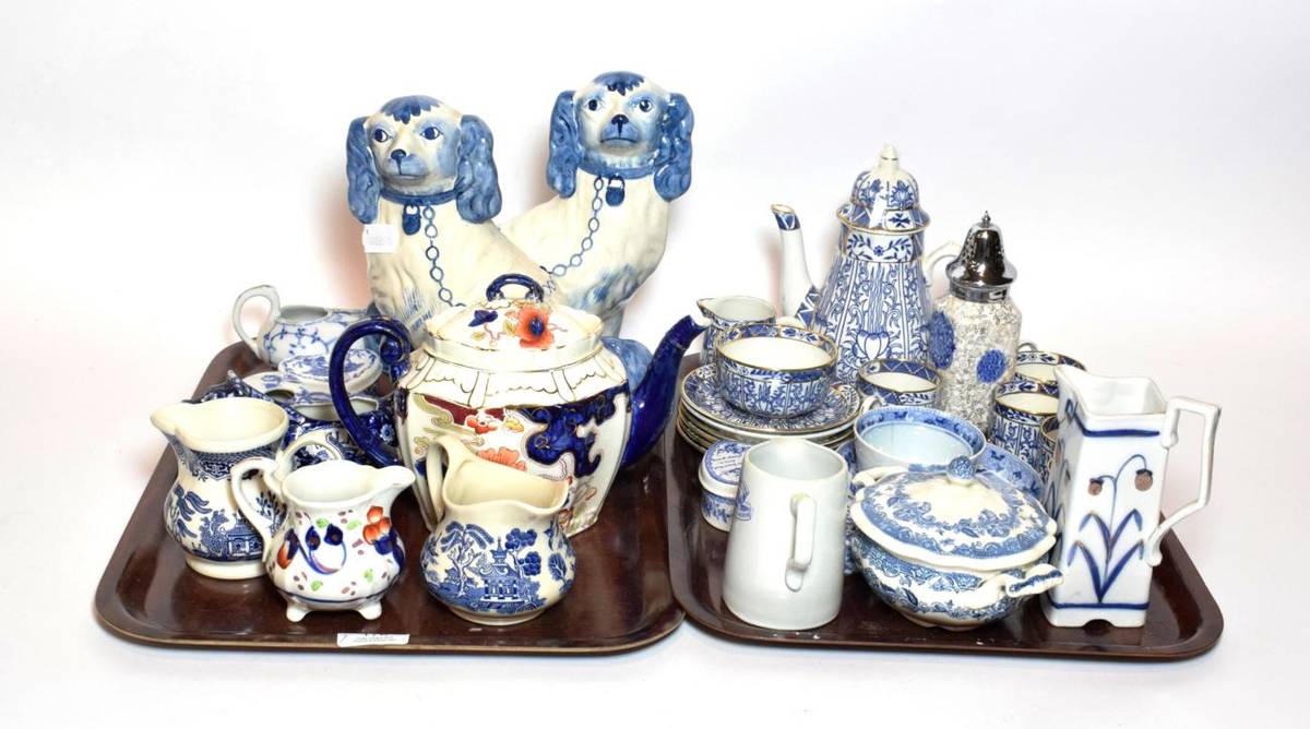 Lot 176 - A collection of blue and white decorative ceramics including Spode, reproduction fireside dogs,...