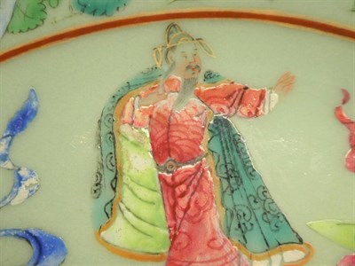 Lot 182 - A Chinese famille rose plate, 19th century figural detail with inscription; together with a celadon