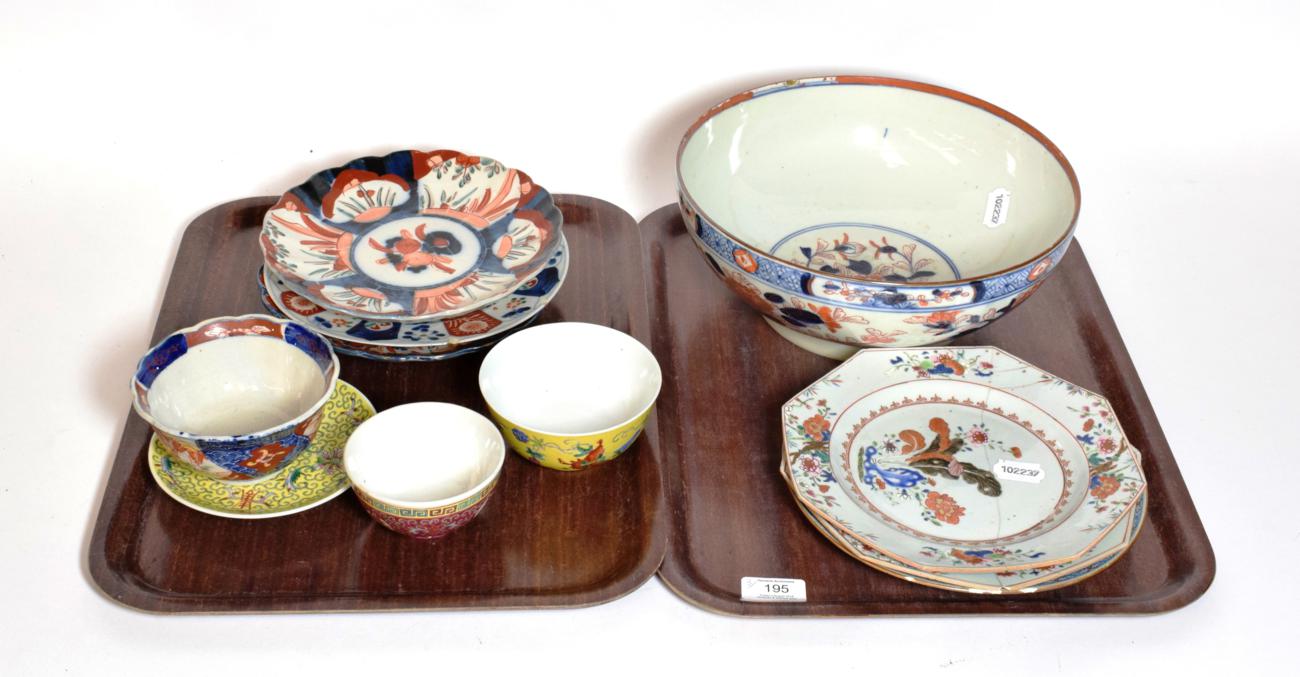 Lot 195 - Three 19th century Chinese export plates; a group of Japanese Imari wares etc