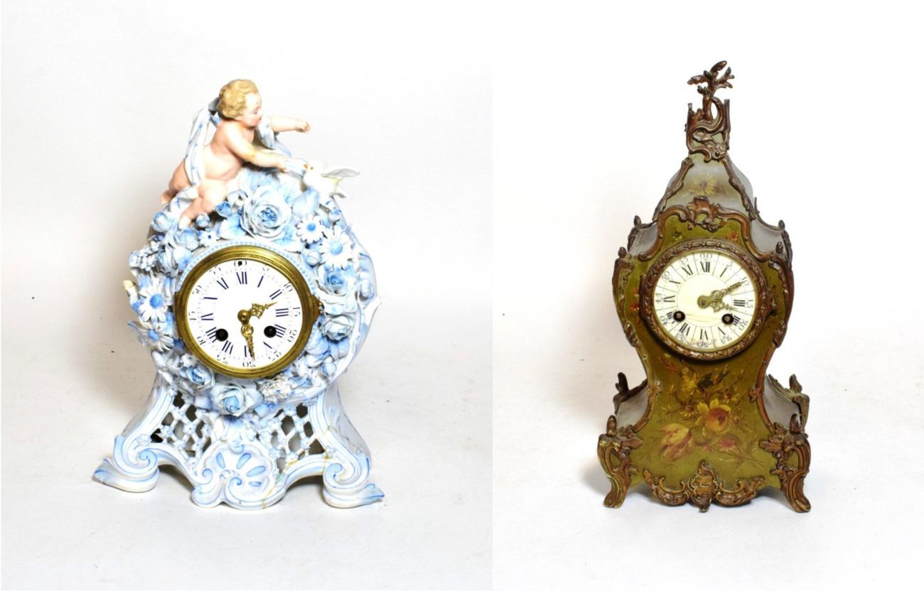 Lot 204 - A ceramic encrusted striking mantel clock and a floral decorated striking mantel clock (2)