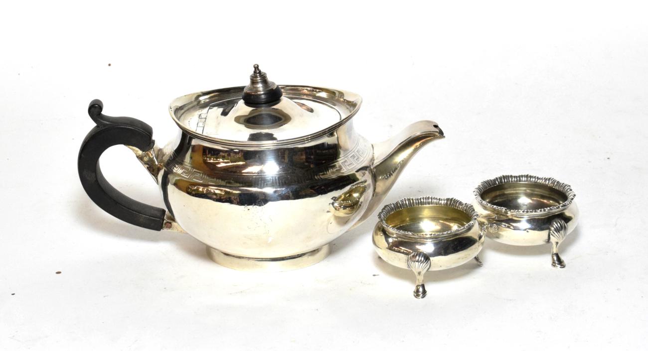 Lot 213 - A George III silver teapot and two similar Victorian salt-cellars, the teapot by Robert, David...