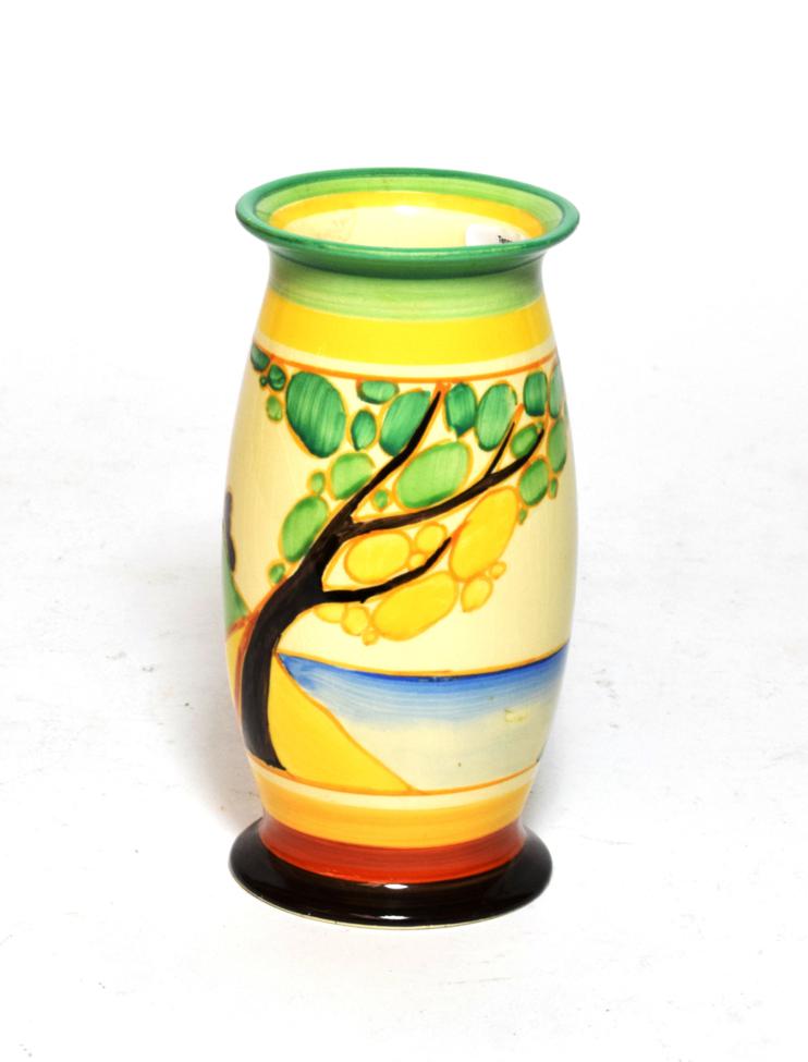 Lot 219 - A Clarice Cliff Fantasque Bizarre Vase, shape No. 265, decorated with red roofs and landscape