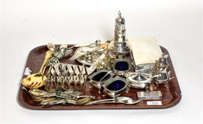 Lot 225 - A mixed lot of silver and plate, the silver including: a sugar-caster, Birmingham, 1919; a...