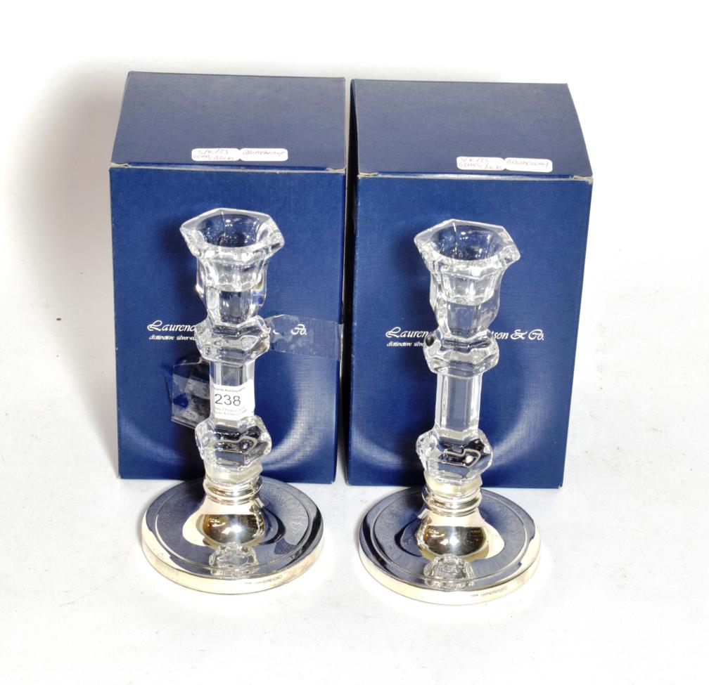 Lot 238 - A pair of Elizabeth II silver-mounted glass candlesticks, by Broadway and Co., Birmingham,...