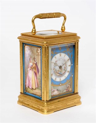 Lot 1337 - A French Gilt Brass and Porcelain Mounted Striking and Repeating Carriage Clock, circa 1890,...