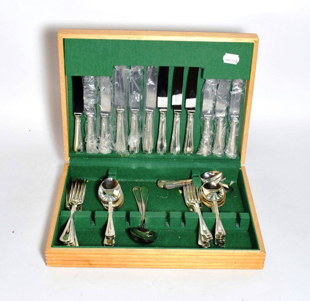 Lot 252 - A silver-plated table-service, Beaded Old English pattern, comprising: six each of table-forks;...